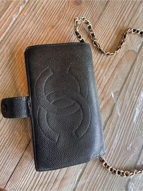 CHANEL Black Leather kiss lock caviar wallet with after market chain Crossbody